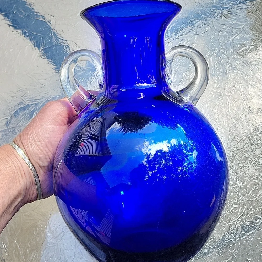 Vintage Blenko Cobalt Blue Clear Crystal Handmade Blown Glass Vase Urn Rare 8x6